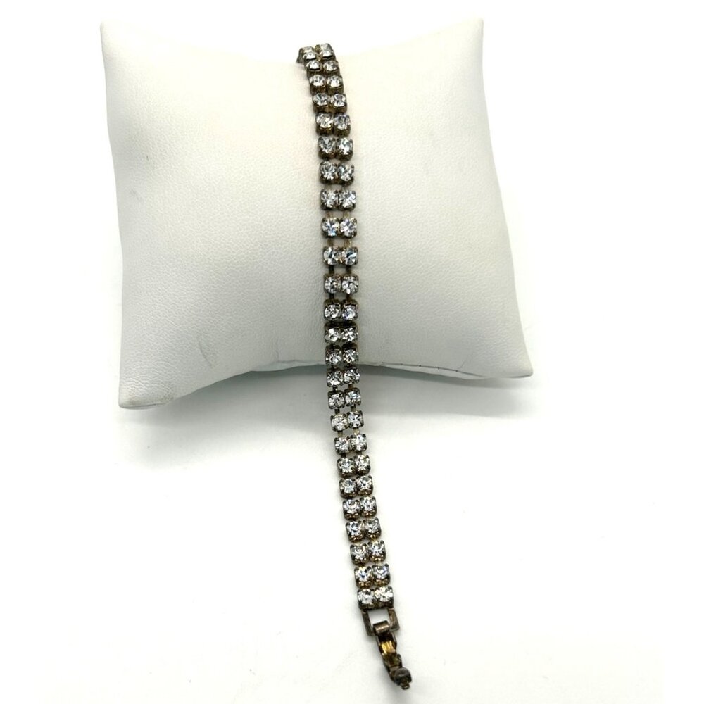 Vintage 2 Strand Rhinestone Bracelet With Fold Over Clasp - Picture 2 of 12